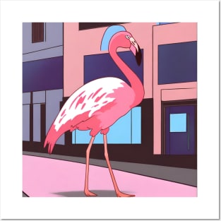 flamingo walking in the city street Posters and Art